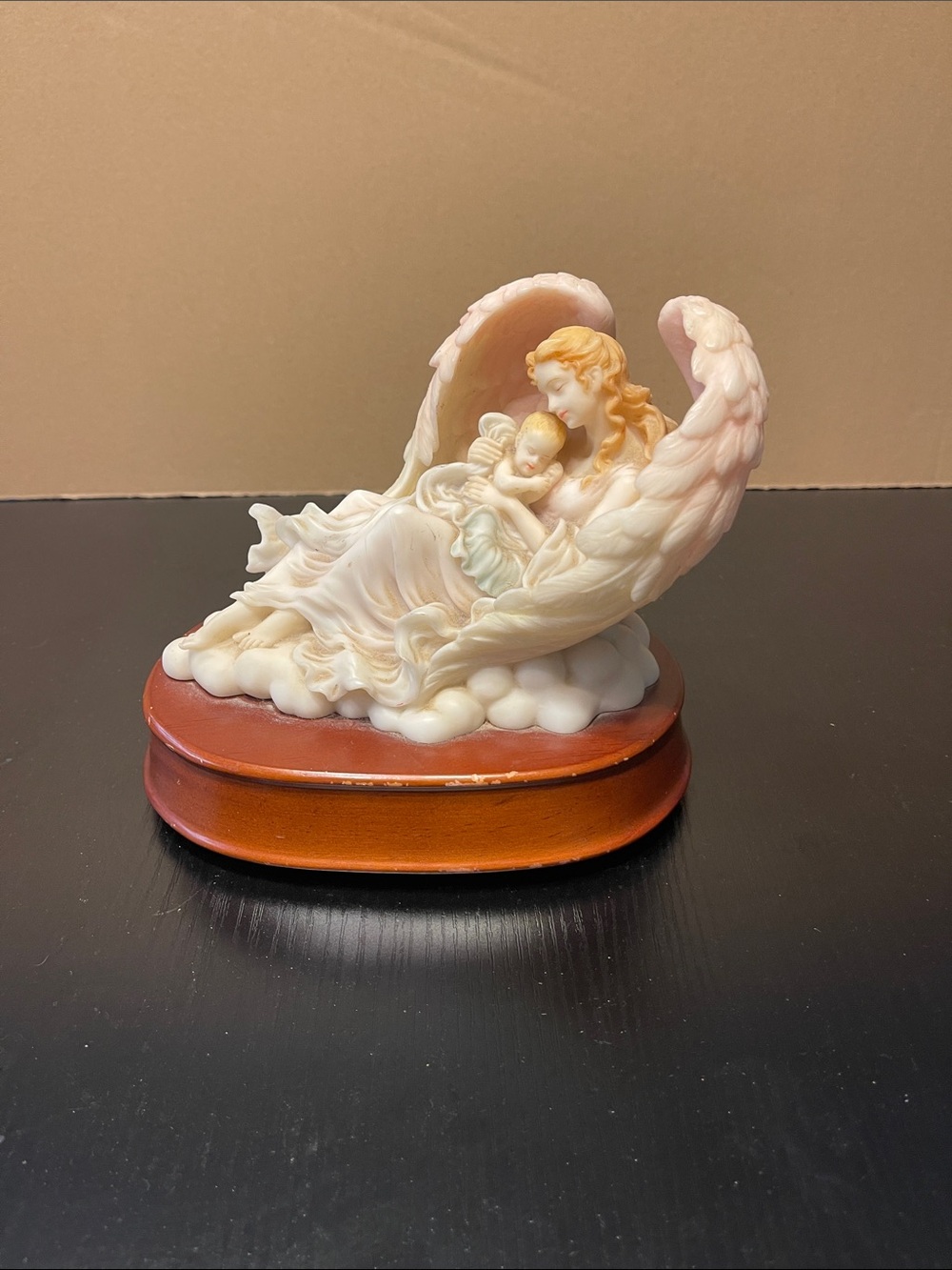 Elegant Angel Mother & Child Sculpture in Cream and Peach, non working music box